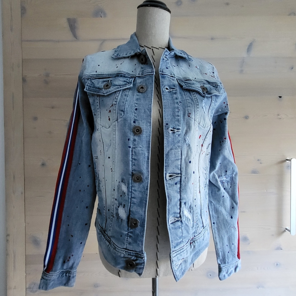 Jeff Staple Splatter Striped Distressed Denim Jean Jacket Unisex XS / W S-M, NWT